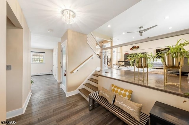 74 Emerald Pl, Clark Twp, NJ 07066 - stairway with baseboards, wood finished floors, a chandelier, a ceiling fan, and recessed lighting
