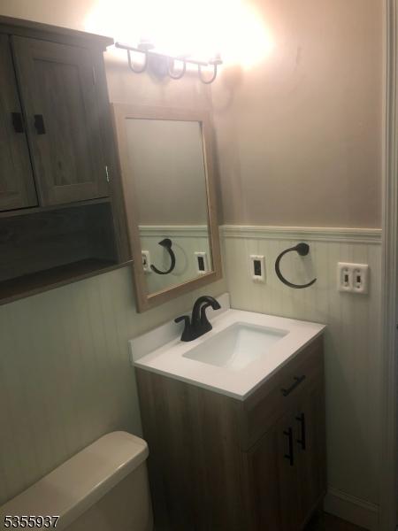 half bathroom featuring vanity, wainscoting, and toilet