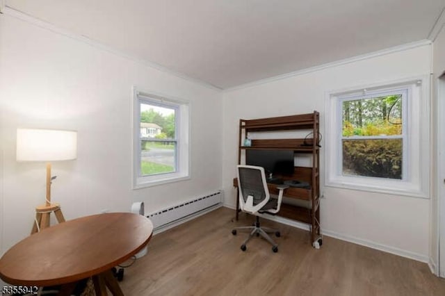 7 Capstan Rd, West Milford Twp, NJ 07480 - home office featuring a baseboard heating unit, crown molding, wood finished floors, and baseboards
