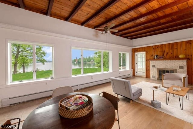 7 Capstan Rd, West Milford Twp, NJ 07480 - living room with baseboard heating, wooden ceiling with exposed beams, healthy amount of natural light, ceiling fan, and wooden walls