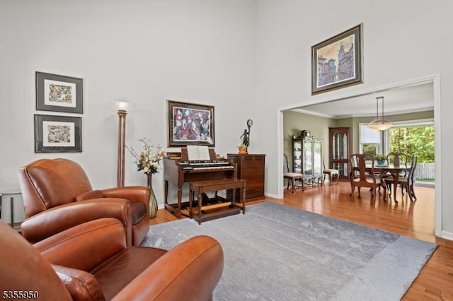 53 Woodland Ave, Morris Twp, NJ 07960 - living area with wood finished floors, baseboards, a high ceiling, and ornamental molding