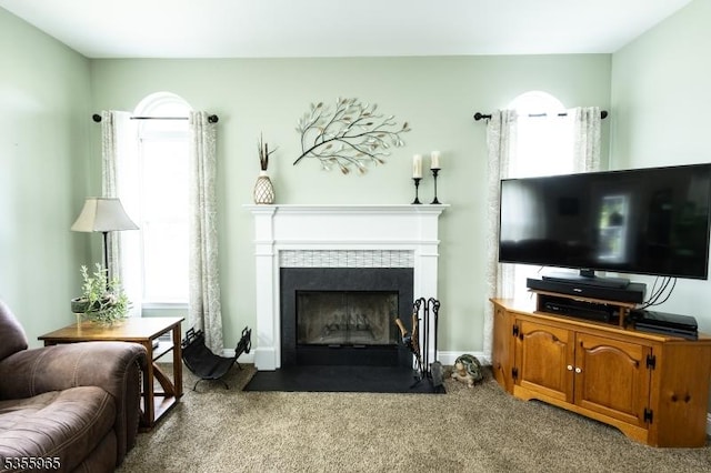 living room with a fireplace and carpet flooring