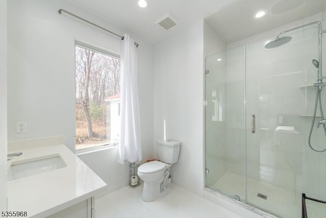 34 W Shore Rd, Mountain Lakes Boro, NJ 07046 - bathroom featuring toilet, recessed lighting, a stall shower, vanity, and tile patterned flooring