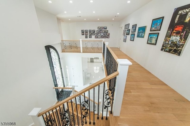 34 W Shore Rd, Mountain Lakes Boro, NJ 07046 - hallway featuring an upstairs landing, wood finished floors, recessed lighting, and a towering ceiling