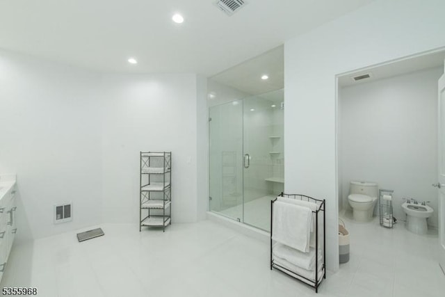 34 W Shore Rd, Mountain Lakes Boro, NJ 07046 - bathroom with a bidet, recessed lighting, a stall shower, tile patterned floors, and vanity