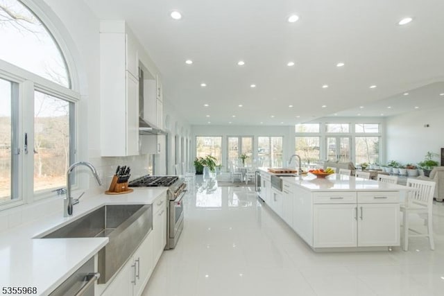 34 W Shore Rd, Mountain Lakes Boro, NJ 07046 - kitchen featuring high end stainless steel range, plenty of natural light, recessed lighting, wall chimney range hood, and white cabinets