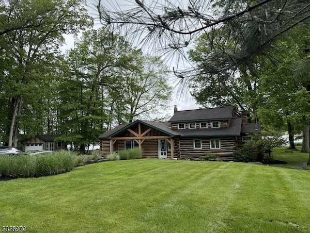 217 Bearfort Rd, West Milford Twp, NJ 07480 - cabin featuring log exterior, a front lawn, and a chimney