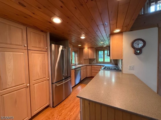 217 Bearfort Rd, West Milford Twp, NJ 07480 - kitchen with stainless steel appliances, a peninsula, wooden ceiling, recessed lighting, and light wood-style flooring
