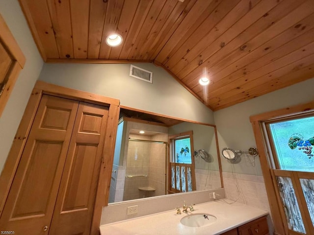 217 Bearfort Rd, West Milford Twp, NJ 07480 - bathroom featuring wood ceiling, vaulted ceiling, vanity, a shower stall, and recessed lighting
