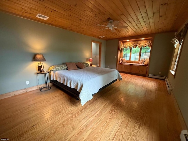 217 Bearfort Rd, West Milford Twp, NJ 07480 - bedroom featuring a baseboard heating unit, wood finished floors, wooden ceiling, and ceiling fan