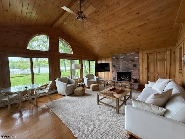 217 Bearfort Rd, West Milford Twp, NJ 07480 - living room featuring wooden ceiling, high vaulted ceiling, light wood-type flooring, a ceiling fan, and a fireplace