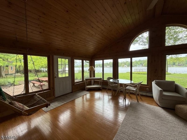 217 Bearfort Rd, West Milford Twp, NJ 07480 - sunroom / solarium featuring a water view, high vaulted ceiling, wood ceiling, and hardwood / wood-style floors