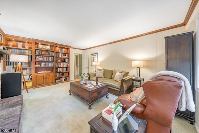 living area with crown molding and carpet flooring