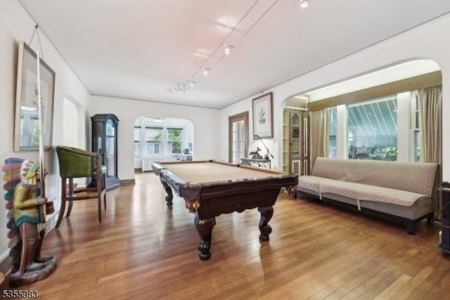 10 Highland Pl, West Orange Twp, NJ 07052 - rec room featuring arched walkways, wood finished floors, billiards table, and track lighting