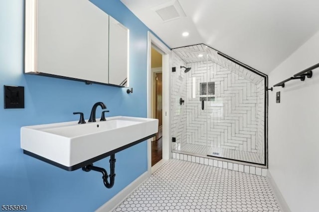 10 Highland Pl, West Orange Twp, NJ 07052 - bathroom featuring a shower stall, baseboards, recessed lighting, and vaulted ceiling