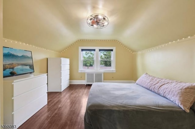 10 Highland Pl, West Orange Twp, NJ 07052 - bedroom featuring dark wood-style flooring, lofted ceiling, baseboards, and radiator