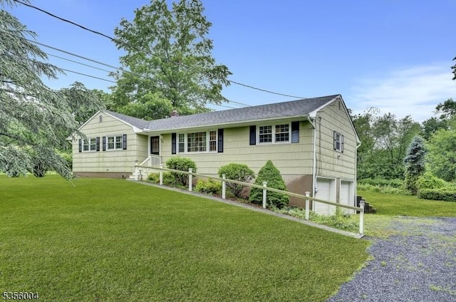 45 Ninth St, Hillsborough Twp, NJ 08821 - ranch-style house featuring an attached garage, a front lawn, gravel driveway, and a shingled roof
