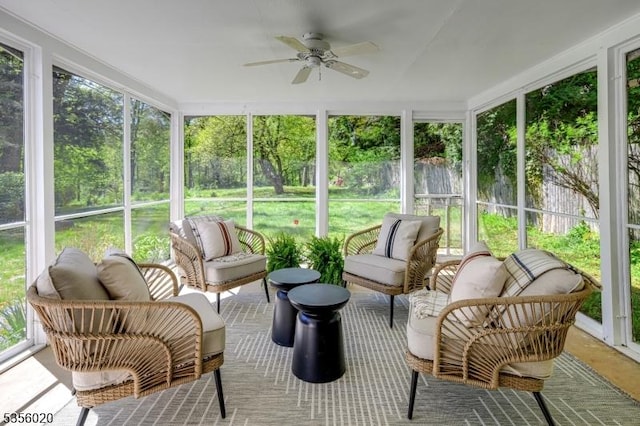 sunroom / solarium featuring a ceiling fan and an outdoor living space