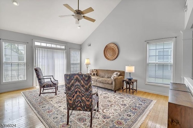 326 Biltmore Ln, Franklin Twp, NJ 08873 - living room featuring high vaulted ceiling, ceiling fan, light wood finished floors, and baseboards