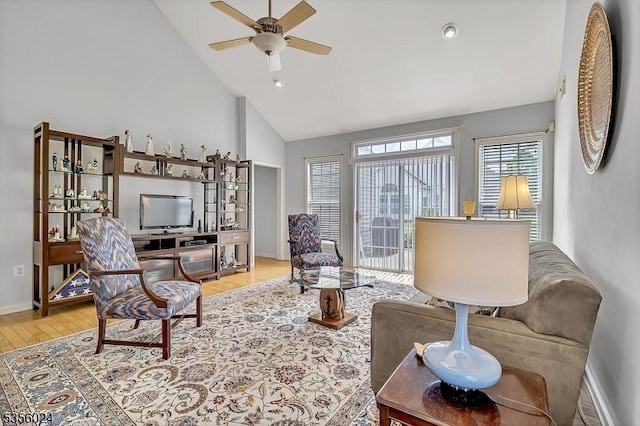 326 Biltmore Ln, Franklin Twp, NJ 08873 - living room featuring wood finished floors, high vaulted ceiling, a ceiling fan, and baseboards