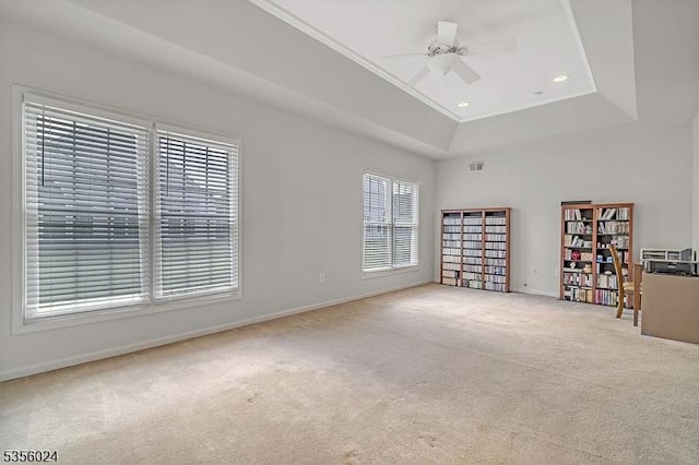 326 Biltmore Ln, Franklin Twp, NJ 08873 - empty room with carpet flooring, baseboards, ornamental molding, a ceiling fan, and a tray ceiling