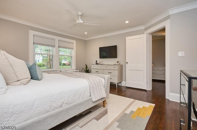 bedroom with crown molding, dark wood finished floors, recessed lighting, a ceiling fan, and baseboards