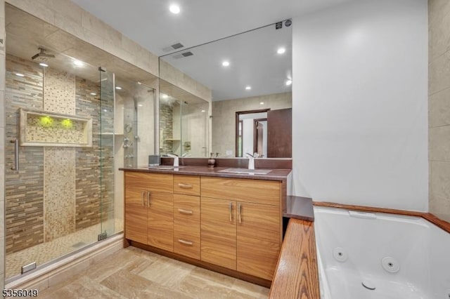 142 Decker Rd, Rockaway Twp, NJ 07005 - full bathroom with a stall shower, double vanity, a whirlpool tub, and recessed lighting