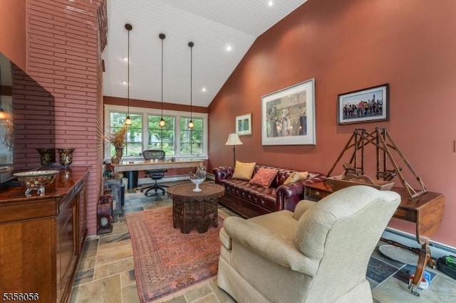 12 Woodland Rd, Franklin Twp, NJ 08867 - living area featuring high vaulted ceiling, an office area, light stone finish flooring, recessed lighting, and baseboard heating