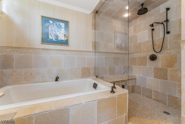 12 Woodland Rd, Franklin Twp, NJ 08867 - full bath with a bath, tiled shower, and crown molding