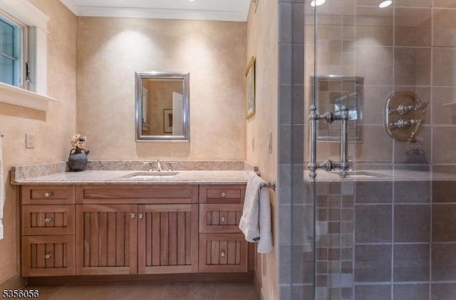 12 Woodland Rd, Franklin Twp, NJ 08867 - bathroom with a stall shower, vanity, crown molding, and tile patterned floors