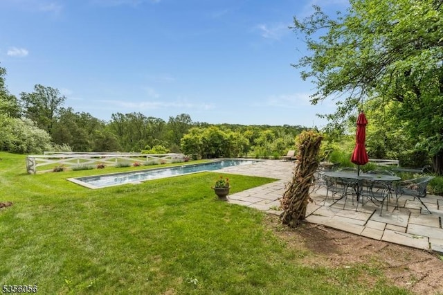 12 Woodland Rd, Franklin Twp, NJ 08867 - view of green lawn with a patio, an outdoor pool, and a view of trees