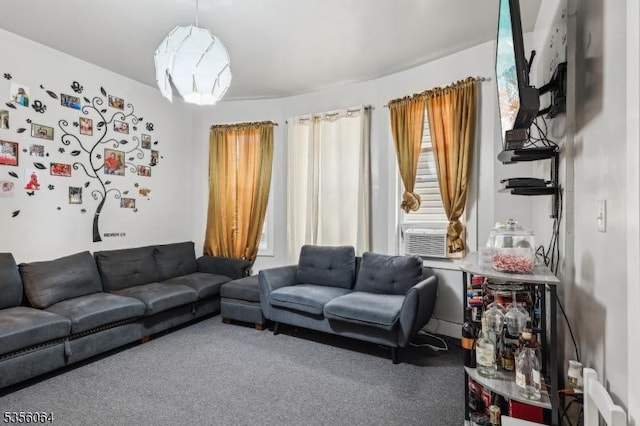 carpeted living area with cooling unit