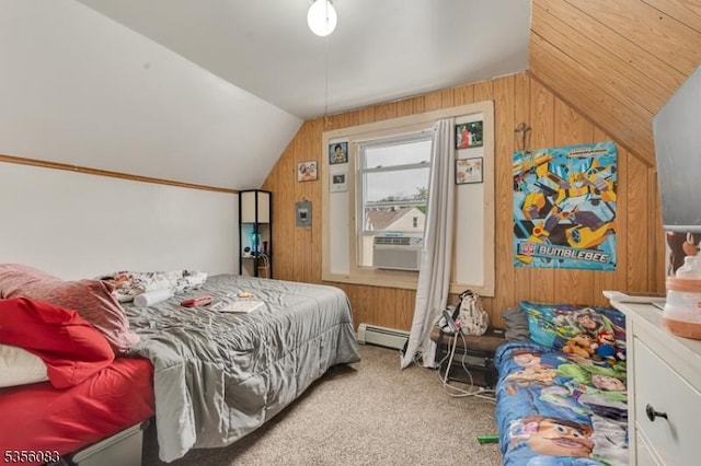 124 E Main St, Paterson City, NJ 07522 - carpeted bedroom with lofted ceiling, wooden walls, baseboard heating, and cooling unit