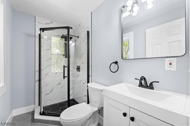 19 Oak Rd, Boonton Twp, NJ 07005 - full bathroom featuring toilet, a marble finish shower, vanity, baseboards, and tile patterned floors