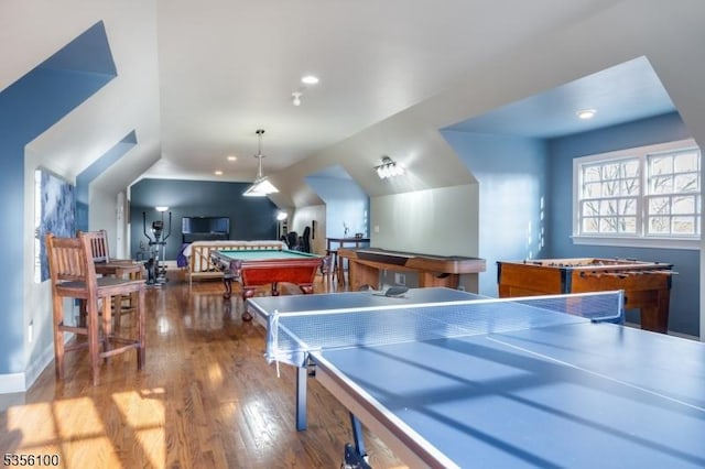rec room with wood finished floors, billiards table, baseboards, recessed lighting, and lofted ceiling