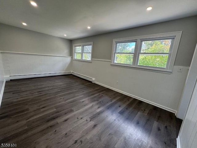 25 Ivy Pl, Vernon Twp, NJ 07418 - spare room featuring a baseboard radiator, wainscoting, dark wood-style floors, recessed lighting, and a baseboard heating unit