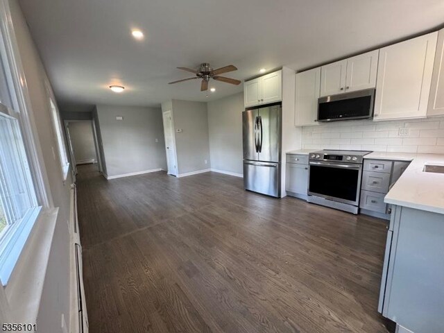 25 Ivy Pl, Vernon Twp, NJ 07418 - kitchen featuring stainless steel appliances, a ceiling fan, backsplash, recessed lighting, and white cabinetry