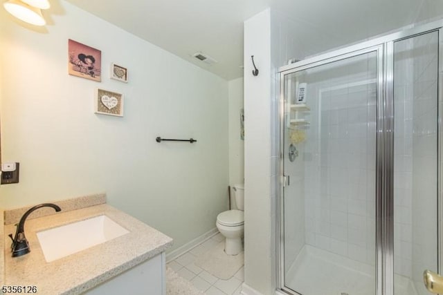 bathroom featuring a shower stall, tile patterned floors, toilet, and vanity