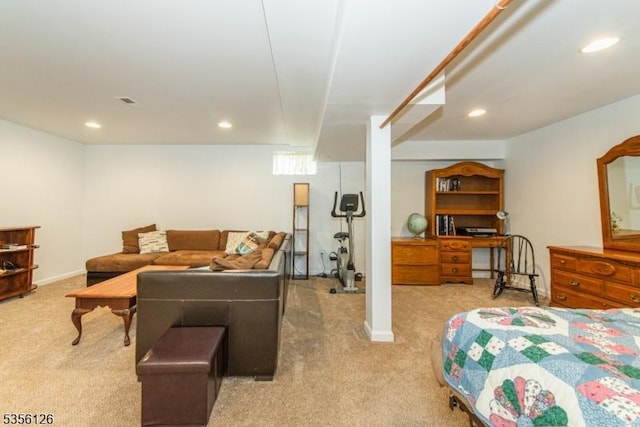 carpeted living room featuring recessed lighting and baseboards