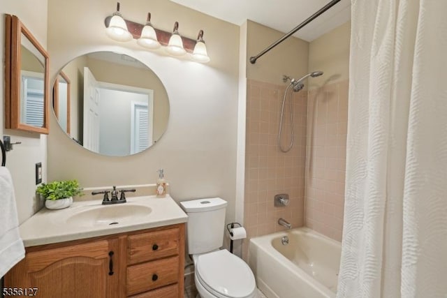 full bathroom with toilet, vanity, and shower / bathtub combination with curtain