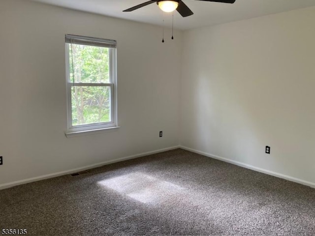 empty room featuring a ceiling fan, plenty of natural light, and carpet