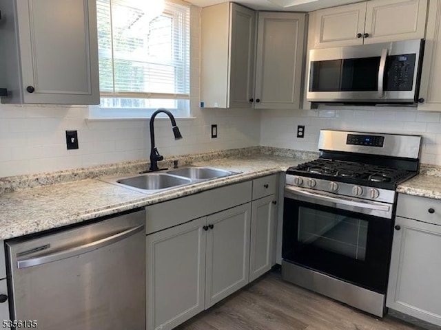 kitchen with stainless steel appliances, a sink, light wood-style floors, decorative backsplash, and light countertops
