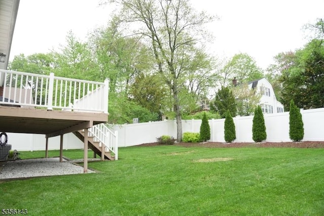 view of yard featuring a patio area, stairway, a deck, and a fenced backyard