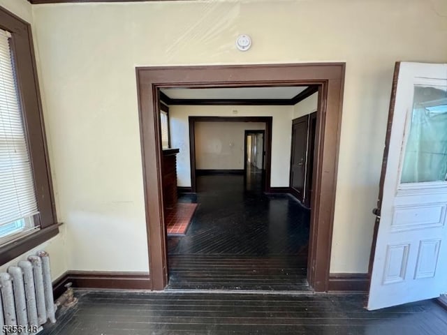 67 Lindsley Ave, Newark City, NJ 07106 - hall featuring radiator heating unit, baseboards, wood-type flooring, and ornamental molding