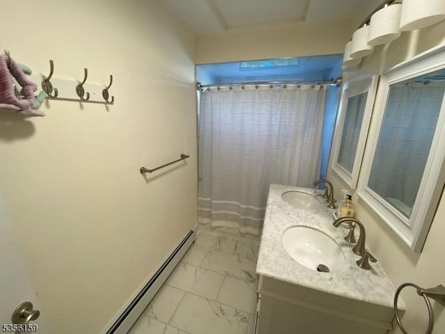 66 Lexington Ave, Rochelle Park Twp, NJ 07662 - full bathroom with marble finish floors, double vanity, a baseboard heating unit, and a shower with shower curtain