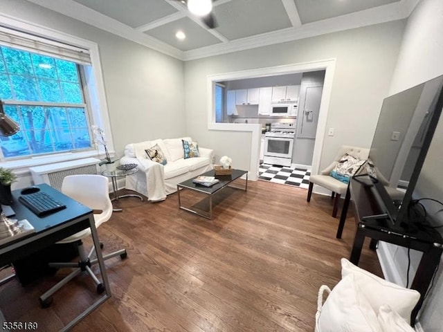 133 Summit Ave Unit 30, Summit City, NJ 07901 - living room with wood finished floors, coffered ceiling, beamed ceiling, ornamental molding, and recessed lighting