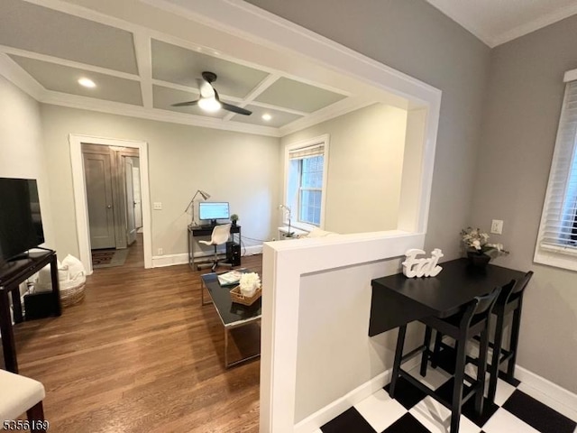 133 Summit Ave Unit 30, Summit City, NJ 07901 - living area with ornamental molding, coffered ceiling, a ceiling fan, wood finished floors, and recessed lighting