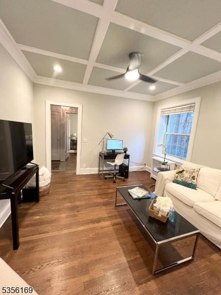 133 Summit Ave Unit 30, Summit City, NJ 07901 - living room with coffered ceiling, a ceiling fan, wood finished floors, recessed lighting, and beam ceiling