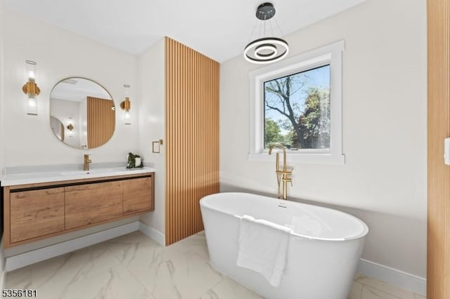 2227 Pine Ter, Scotch Plains Twp, NJ 07076 - bathroom featuring a soaking tub, marble look tiles, baseboards, and vanity