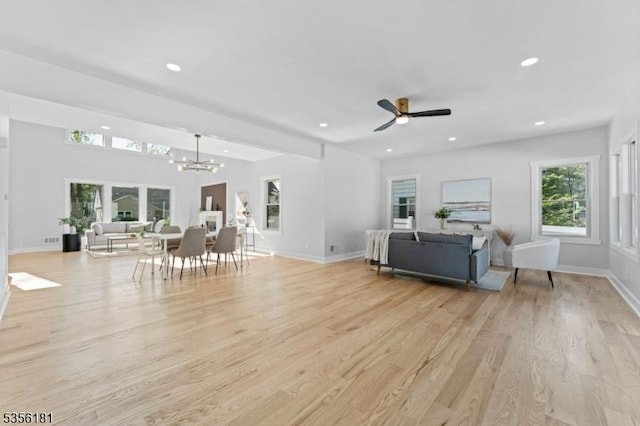 2227 Pine Ter, Scotch Plains Twp, NJ 07076 - living area featuring light wood finished floors, a chandelier, recessed lighting, baseboards, and ceiling fan